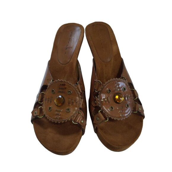 Truflex Women's Light brown Leather wedge slide on sandals size 10M - Picture 1 of 13
